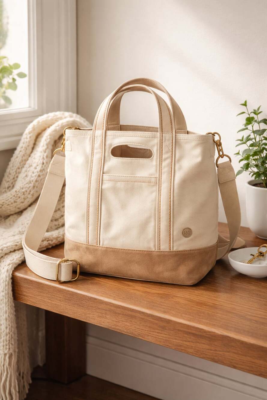 Wantable Canvas Utility Tote Crossbody Bag Cream Taupe Neutral